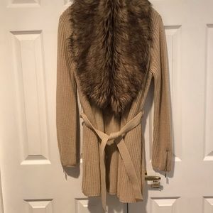 Fur-trimmed belted cardigan
